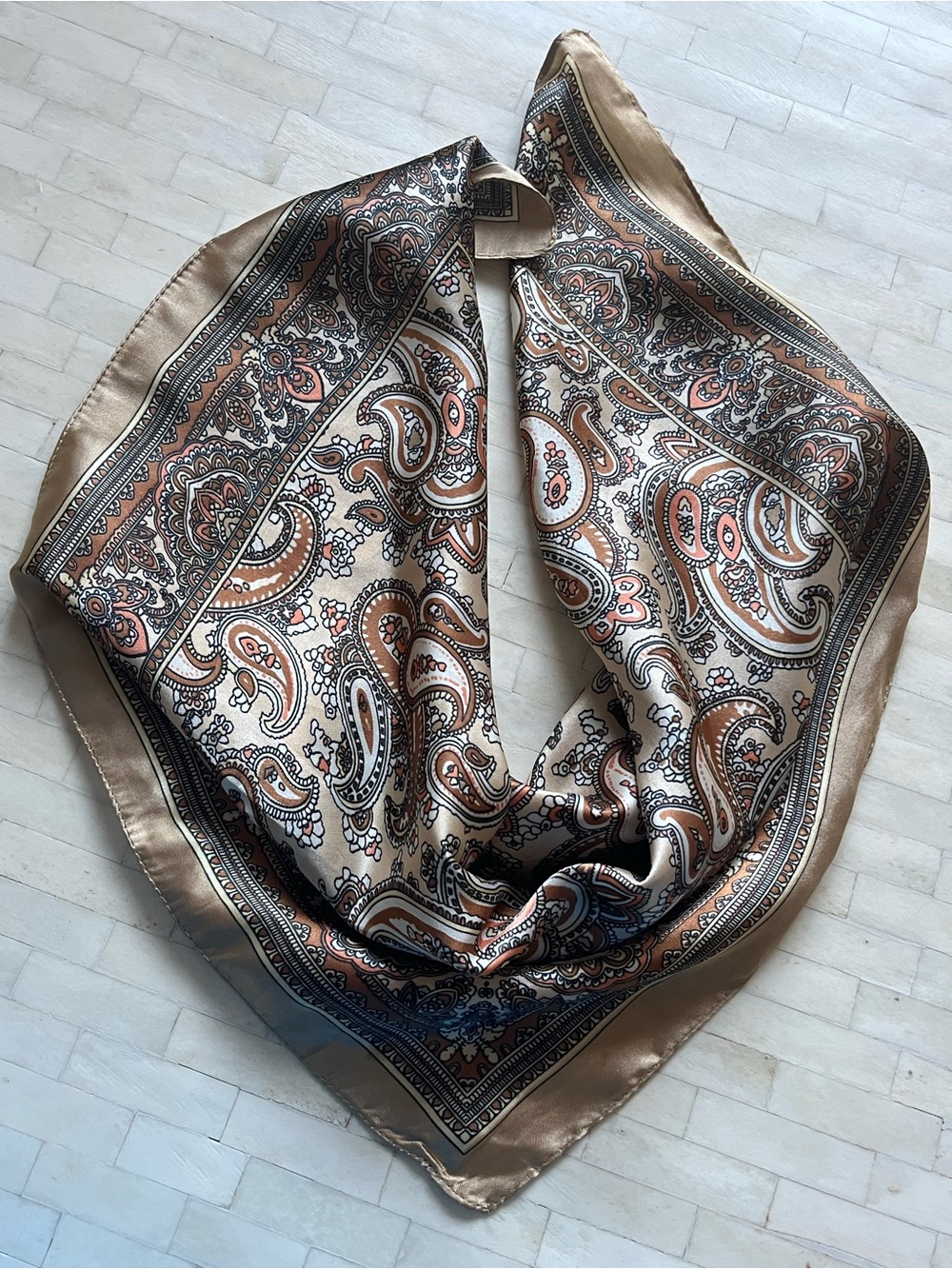 Satin Beige Bronze Paisley Square Scarf Boho